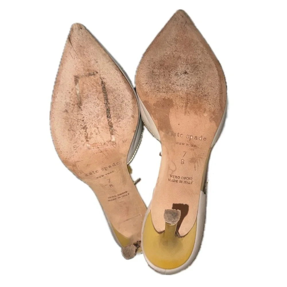KATE SPADE NEW‎ YORK Leather T-Strap Pointed Toe Italy Pumps Nude Heels | Sz 7B